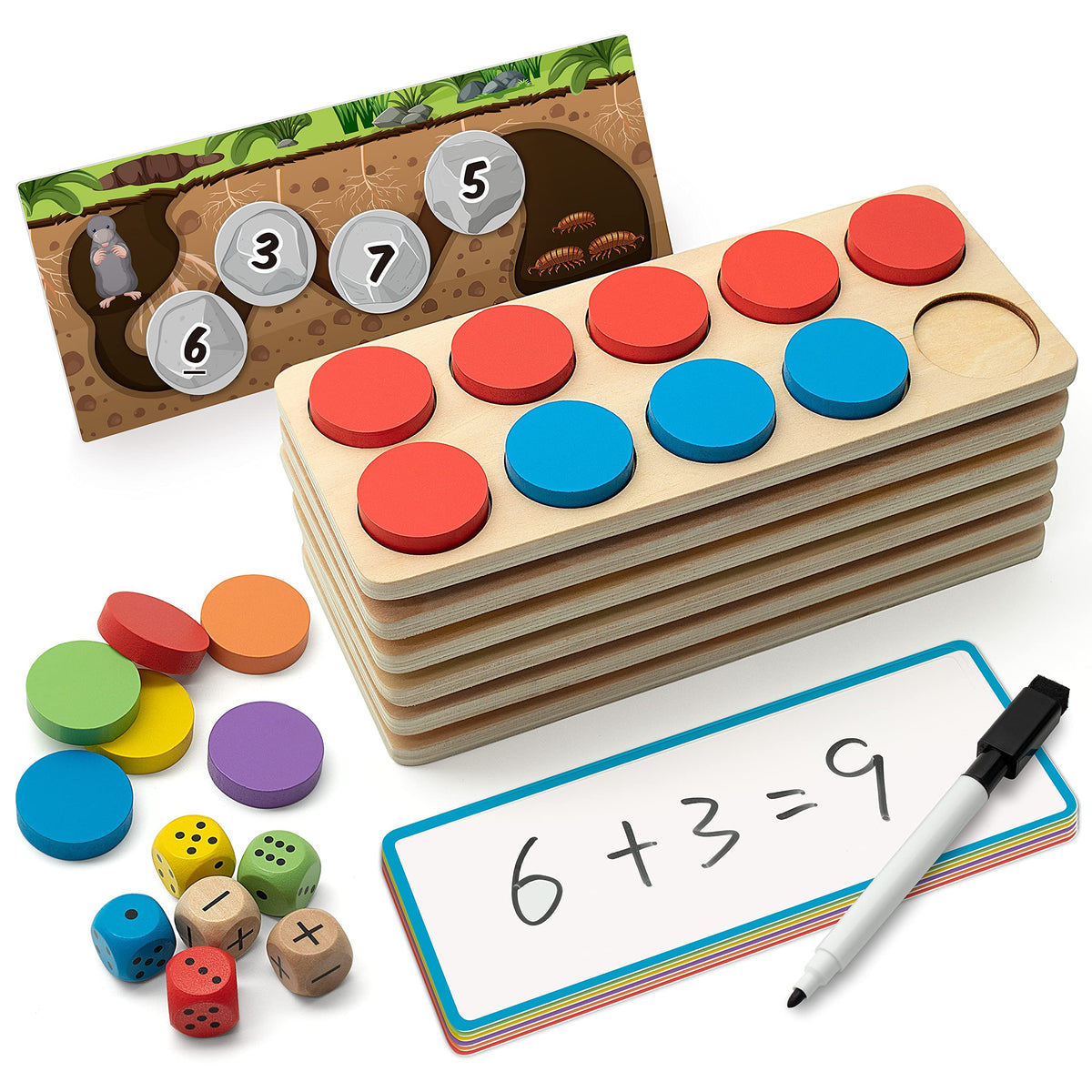 SYNARRY Wooden Ten-Frame Set Math Manipulatives for Kindergarten Elementary 1st 2nd Grade Homeschooling, Addition and Subtraction Montessori Math Games for Chirldren, Counters Toys for Kids Ages 3-8