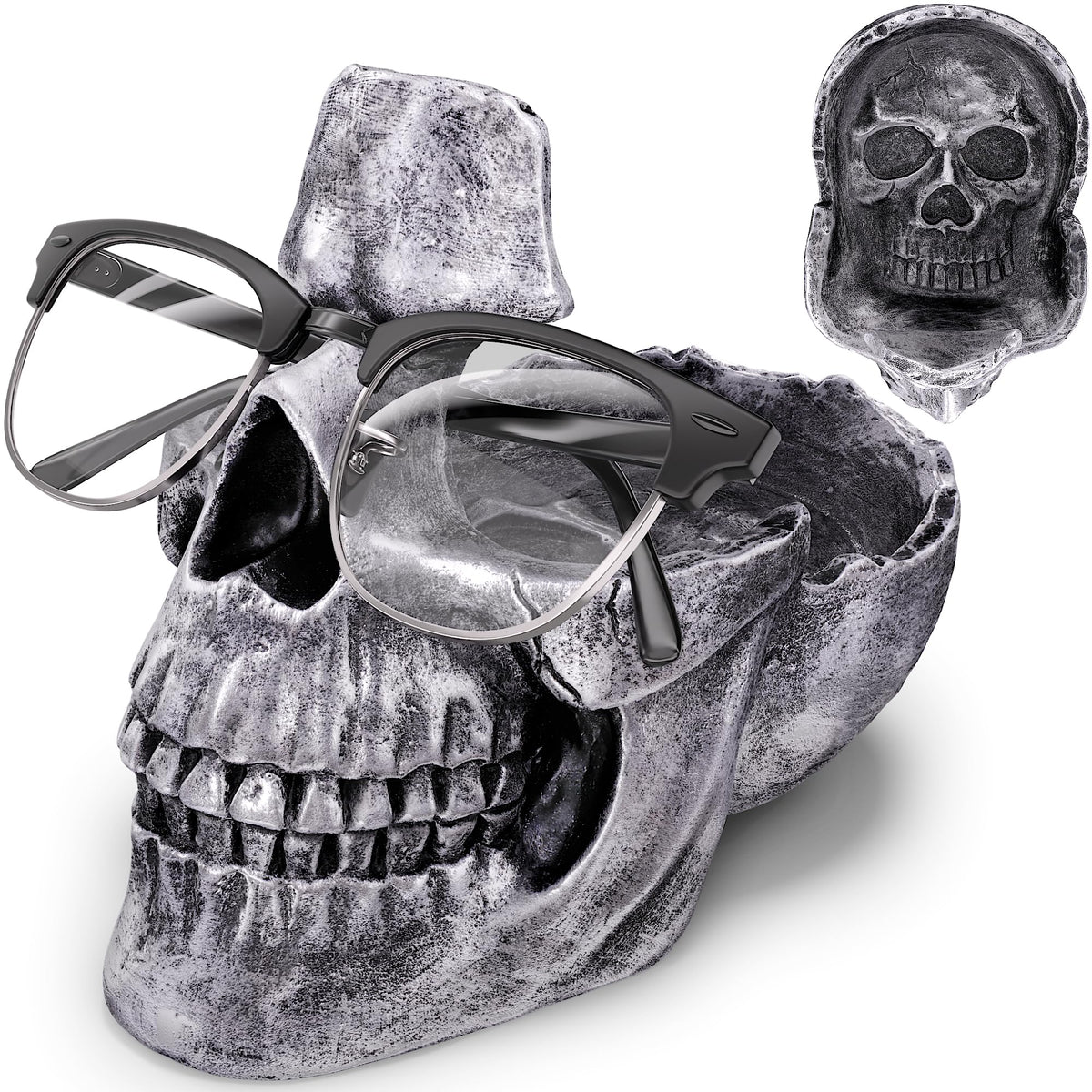 READAEER Skull Glasses Stand Holder, Creative Eyeglasses Holder, Sunglasses Spectacle Display Rack, Key Holder Resin Sculptures for Entryway, Home, Office, Desk, Nightstand (Silver)
