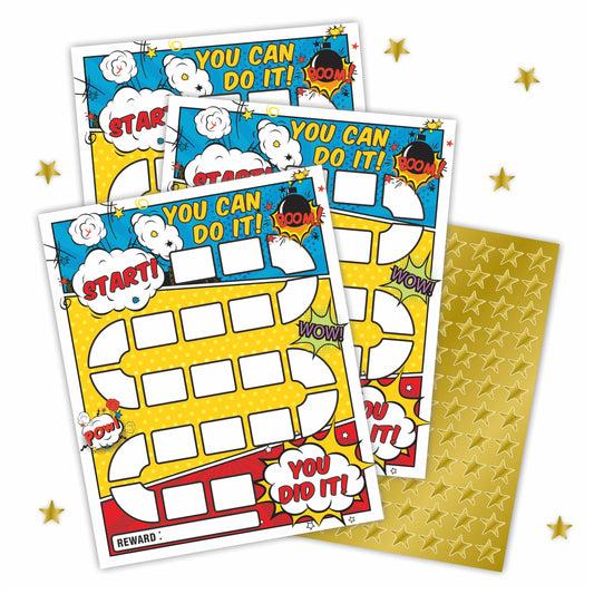 10 Reward Chart with 206 Golden Star Stickers-Comic Theme-Incentive Chart,Positive Behavior Reward Chart for Kids,Toddler Homework Assignments, Attendance(8"X10")-A02