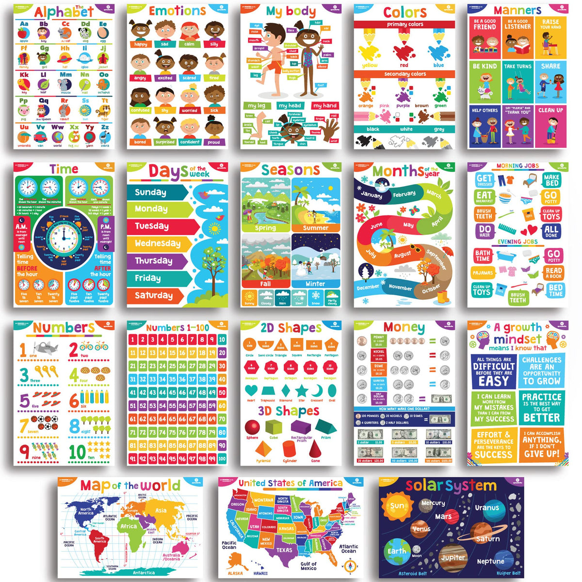 Sproutbrite 18 (12"x16") Complete Educational Poster Bundle for Toddlers - Colorful Charts for Preschool, Kindergarten & Homeschool Motivation - Inspired Learning Charts That Transform Walls Into Daily Teaching Tools