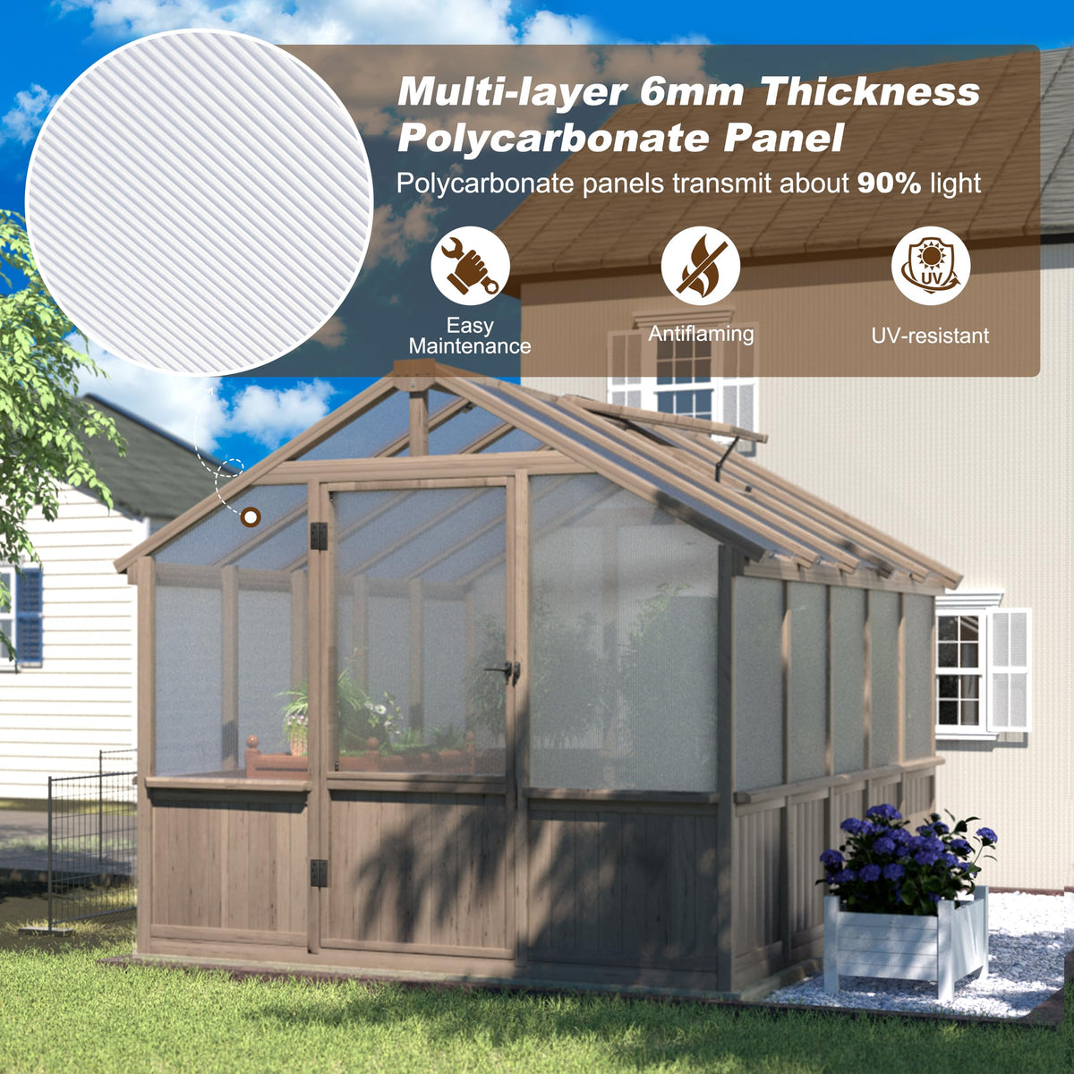 Yardenaler 8x10 FT Greenhouse Kit with 6MM Thick Polycarbonate Panel for Outdoor, Wooden Walk-in Green House with Adjustable Roof Vent and Lockable Door, Backyard, Garden, Light Mocha Brown