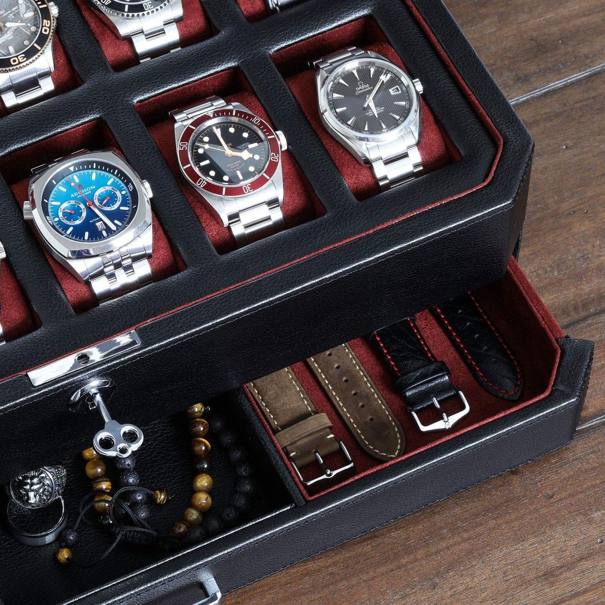 Gift Set 12 Slot Leather Watch Box with Valet Drawer & Matching Single Watch Winder - Luxury Case Display Organizer, Locking Mens Jewelry Watches Holder, Men's Storage Boxes Glass Top Black/Red