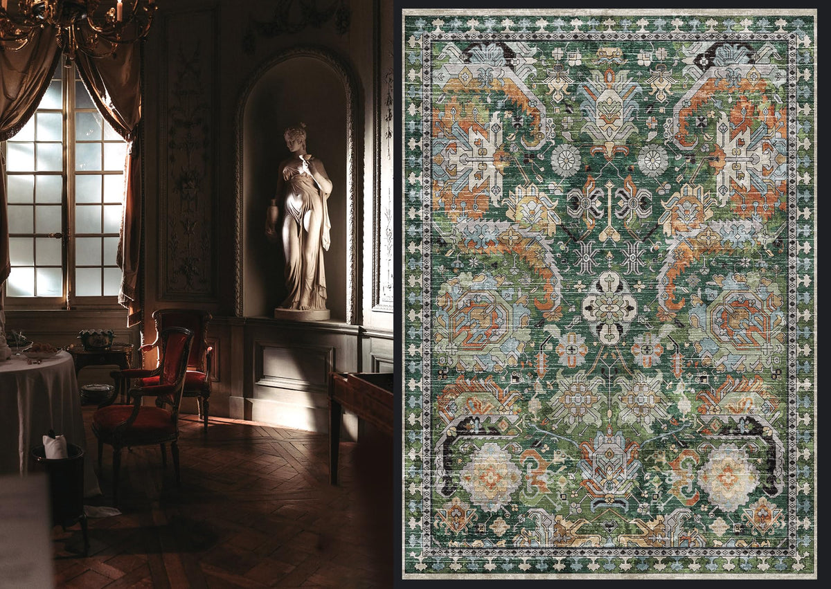 RUGSURE Washable Area Rugs - Perfect for Living Room, Bedroom, Kids Room, Nursery - Stain & Water Resistant Non-Slip, Pet & Child Friendly, Vintage Tribal Area Rugs (Green, 4' x 6')