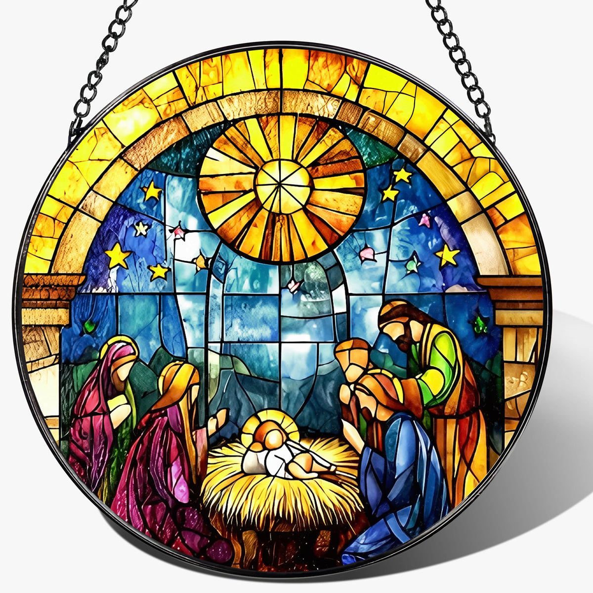 LAOWEIKI 8'' Stained Glass Window Hanging, Nativity Scene Ornament, Christian Christmas Ornament, Holy Family Decoration, Religious Decor, Gift for Christmas, Religious Gifts, Christian Gifts