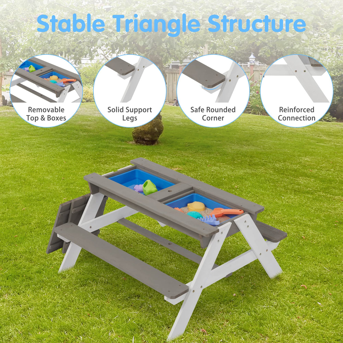 3 in 1Outdoor Wooden Picnic Table with Umbrella, Convertible Sand Wate, Gray CPSIA Certification