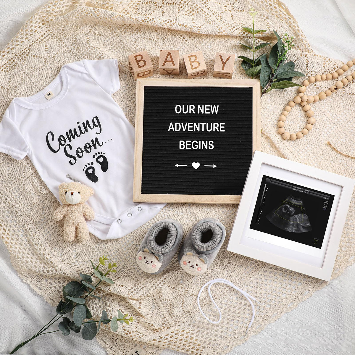 Canlierr 9 Pcs Pregnancy Announcement Set Pregnancy Reveal Ideas Felt Letter Board Baby Bodysuit Booties Photo Frame Bear Plush Wood Blocks for Coming Soon Baby Announcement(Black)