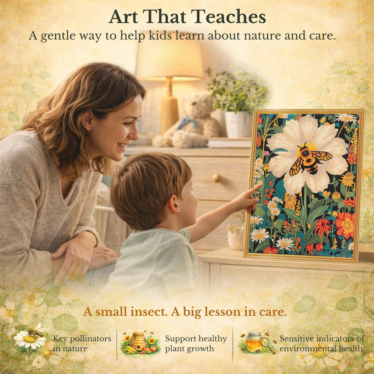 DIAMONDOUBLE Premium Diamond Art Kit for Adults on Velvet Canvas, 12x16 5D Full Drill Small Diamond Painting Kit for Beginners, Bee & Flower Hand-Drawn Design with Mixed Acrylic Round & Mini Diamonds
