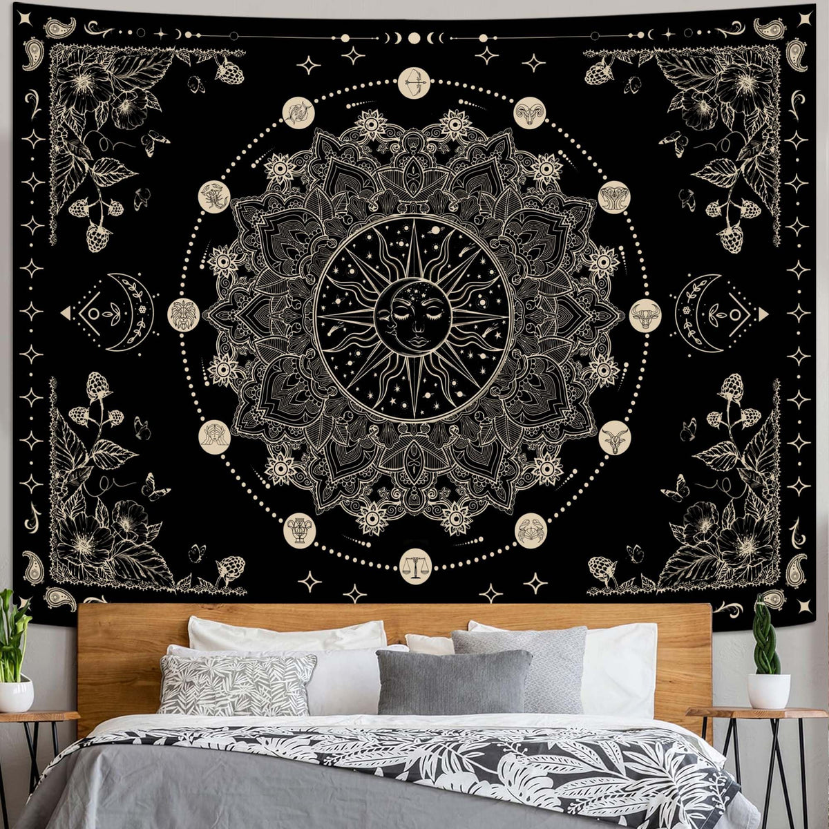 Lunerfex Sun and Moon Mandala Tapestry Boho Tapestry for Bedroom Black and White Tapestries Wall Hanging Living Room Wall Art and Home Decor 70x90