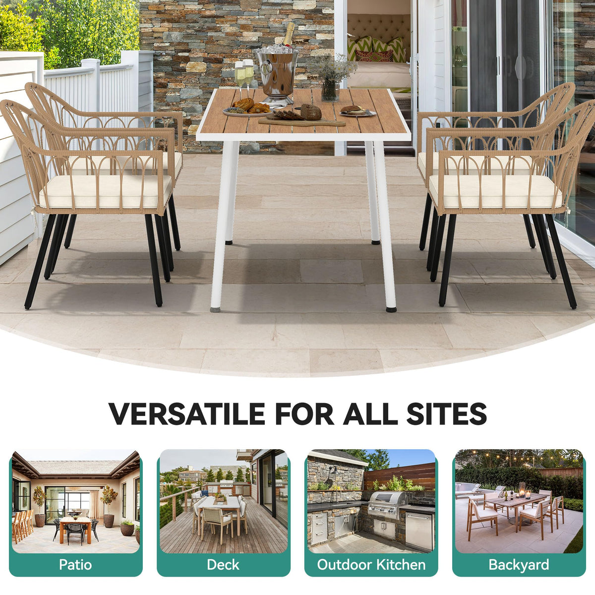 YITAHOME Outdoor Patio Dining Set 5pcs 59" Outdoor Table and Chairs Patio Dining Furniture Sets for 4/6 with Umbrella Hole Outdoor Dining Table Set for Garden Lawn Porch Indoor Brown