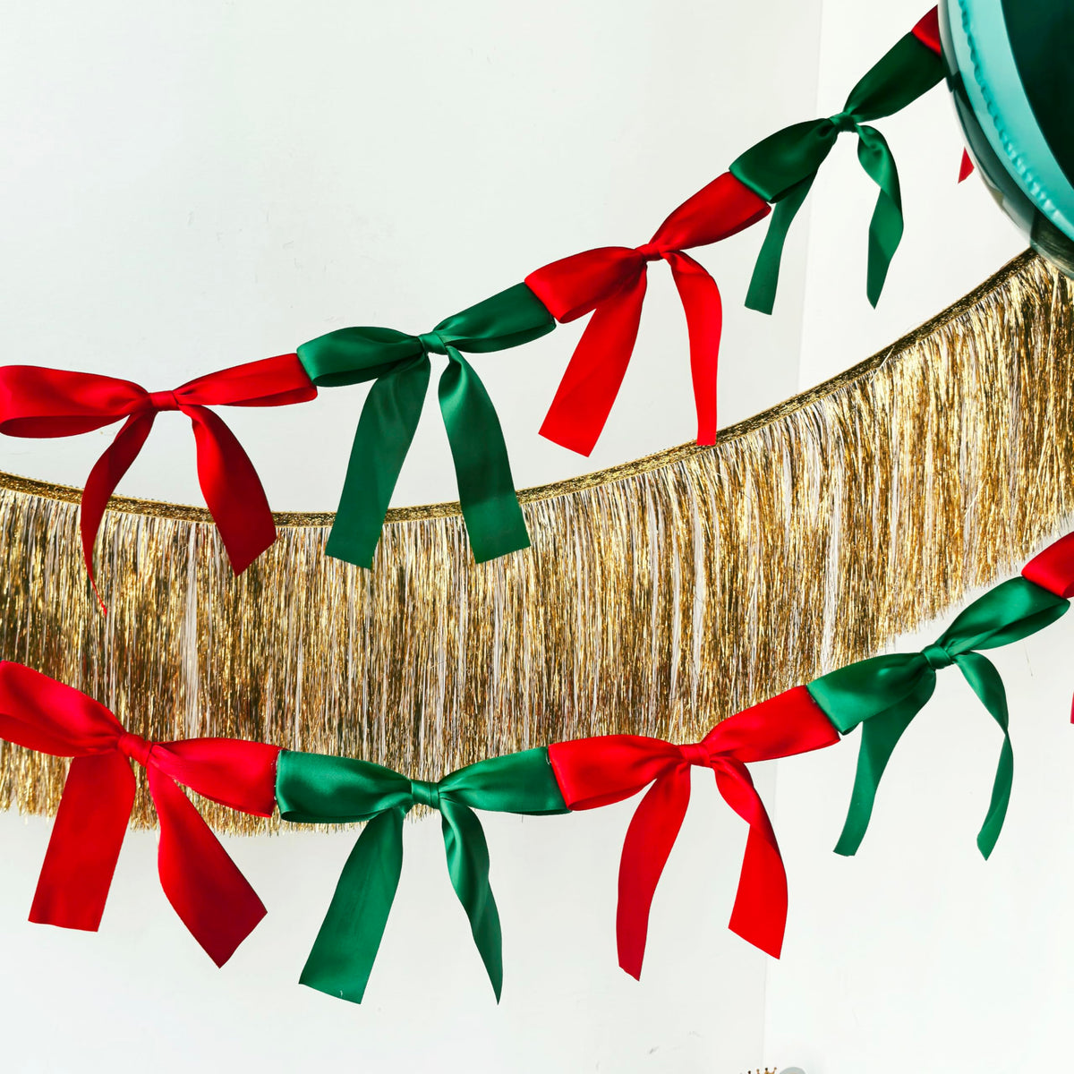 Eanjia Bow Knot Garland | 6ft Linking Satin Bow Banner with 3ft Extend Ribbon for Coquette Bachelorette Party, Baby Shower,Bridal Shower Wedding Baby Room Bed Decor (Red & Green, 6ft)