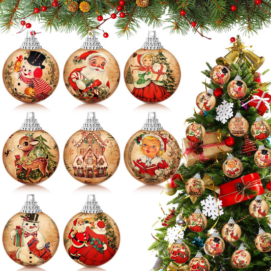Outus 16 Pcs Christmas Tree Ball Ornaments Vintage Christmas Decorations for Tree Colorful Xmas Decorative Santa Claus Snowman Hanging Ball for Farmhouse Home Fireplace Decor Holiday Party Favors