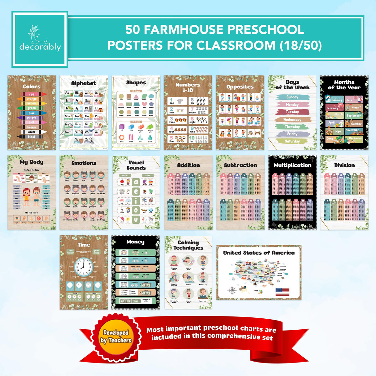 Decorably 50 Farmhouse Theme Kindergarten Posters for Homeschool, 11x17in Matte-Laminated Preschool Educational Toddler Learning Decor - Classrooms, Hallways, Bulletin Boards
