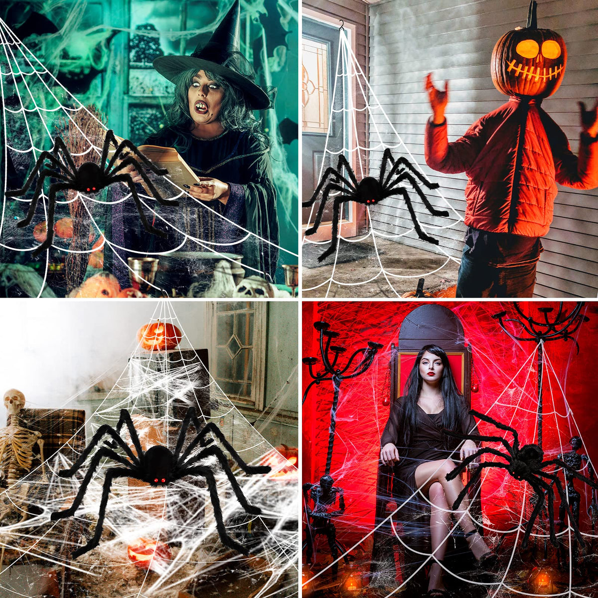 BOSONER Halloween Decorations Outdoor Spider Webs: 1Pcs Giant Spiders - 200'' Triangular Web with Hook - Stretch Web and Ground Stakes for Large Halloween Decor and Haunted House Decoration