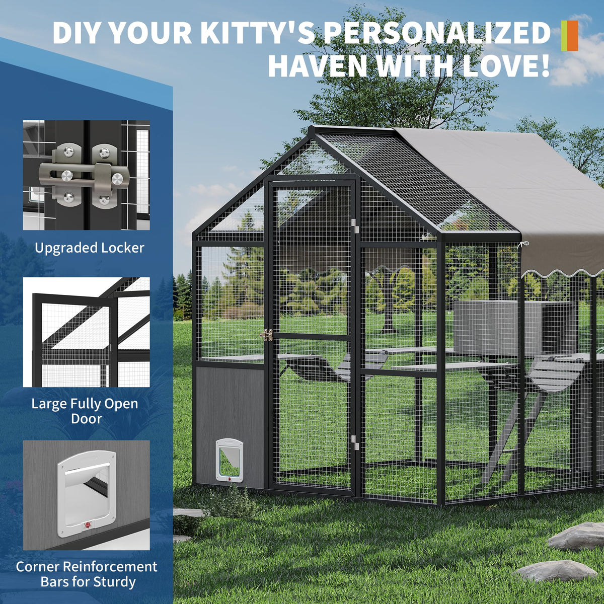 Garvee Large Outdoor Cat Enclosure for Multiple Cats - Weatherproof Catio with UV Cover, Platform & Side Door