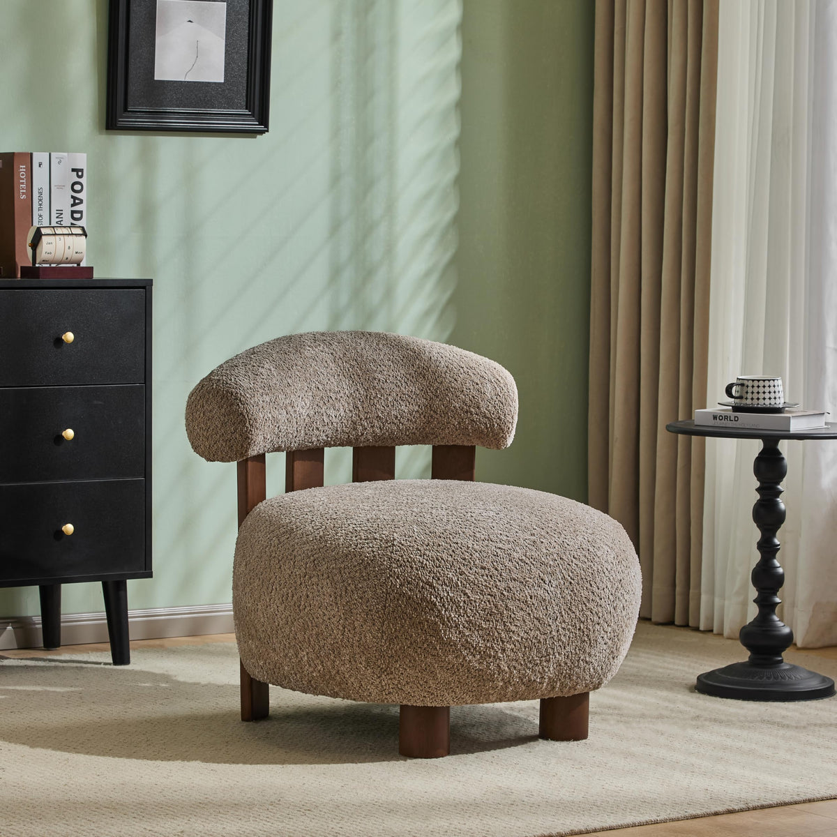 Christopher Knight Home Elvina Boucle Fabric Accent Chair, Solid Wood Single Lounge Sofa, Bedroom Comfy Reading Chair, for Modern Minimalist Style Living Room/Home Office, Light Brown