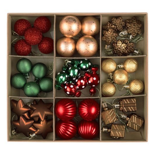 DecorbyHannah Mini Christmas Ornaments Set, 45ct Small Gingerbread Christmas Tree Decorations, Assorted Tiny Red Green Gold Shatterproof Plastic Decorative Hanging Ball Bulk for Xmas Home Table Decor