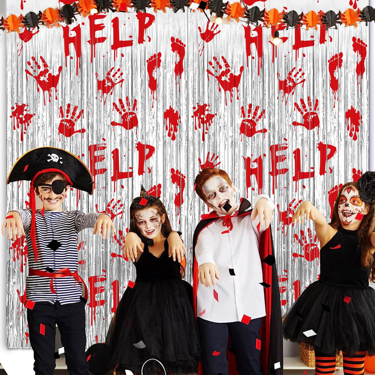 Halloween Party Decorations Scary Bloody Halloween Photo Backdrop Streamers, 2 Pack 3.3 x 6.6 FT Zombie Vampire Halloween Party Decor Foil Fringe Curtain Halloween Backdrops for Parties Indoor Outdoor