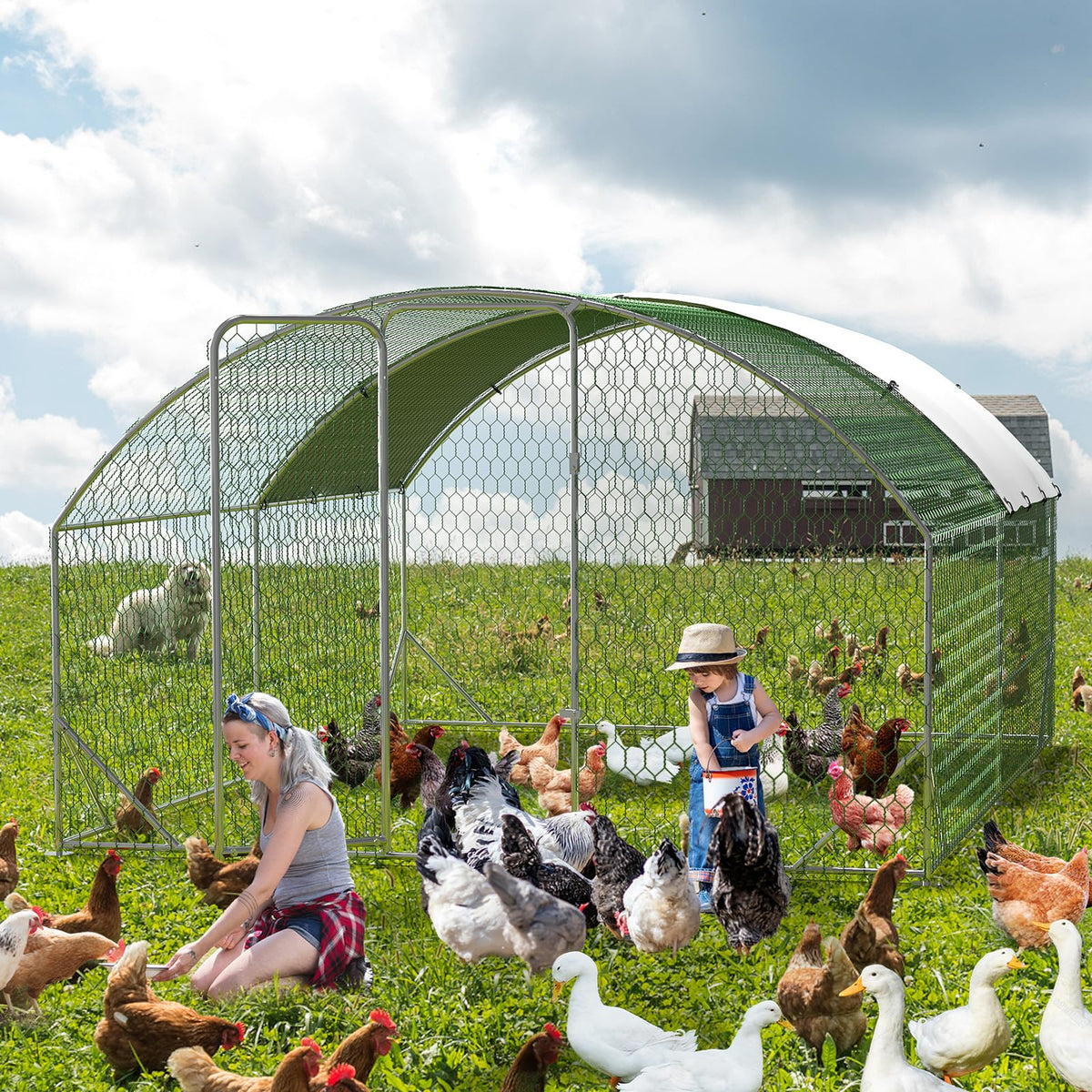 Large Metal Chicken Coop, Doom Roof Chicken Run for Yard, Walk-in Poultry Cage with Waterproof and Anti-UV Cover for Outdoor Backyard Farm (9.8x13.1x6.5FT)