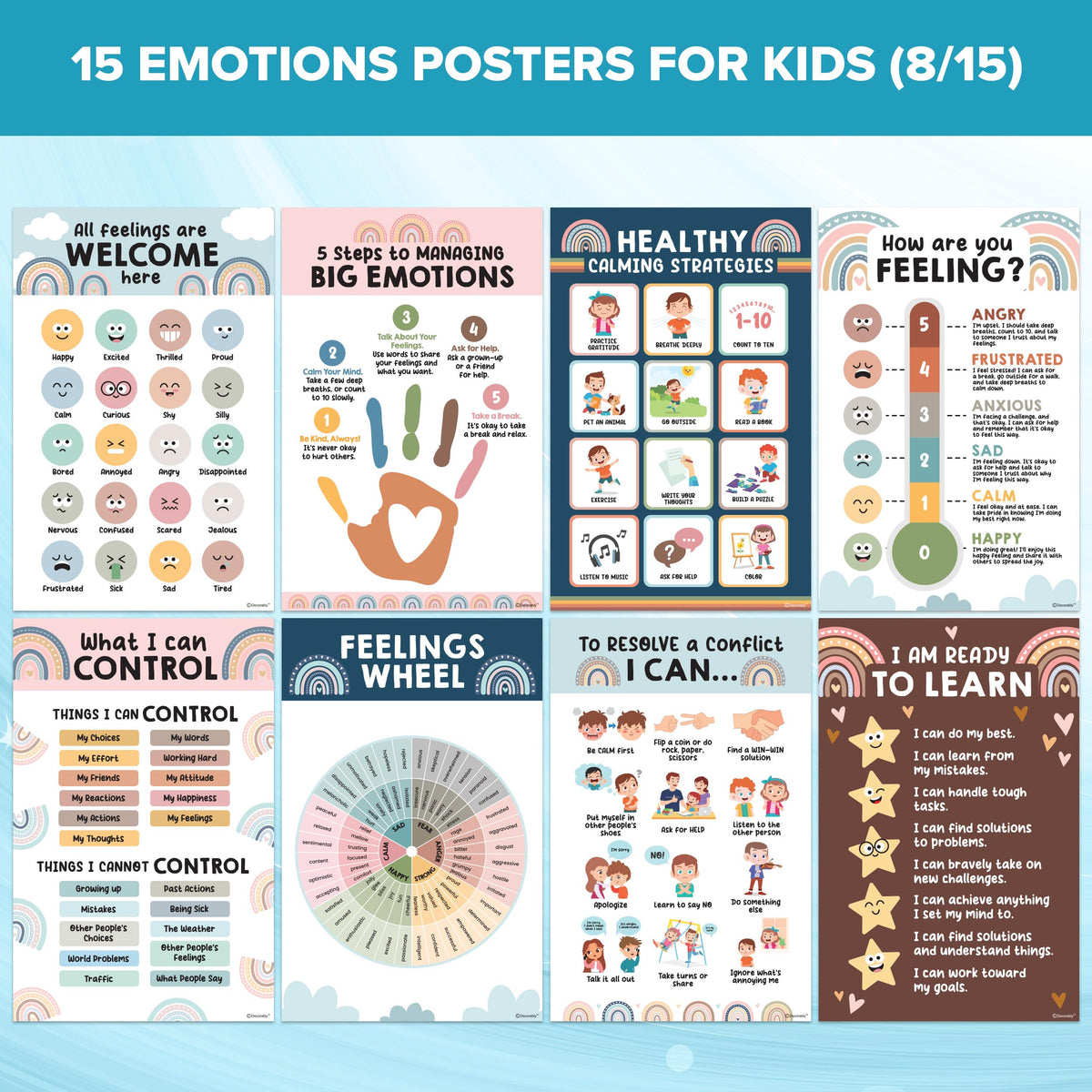 Decorably 15 Social Emotions Poster for Classroom, 11x17in Educational, Matte-Laminated Chart for Kids - School Hallways, Bulletin Boards, Home Study Room