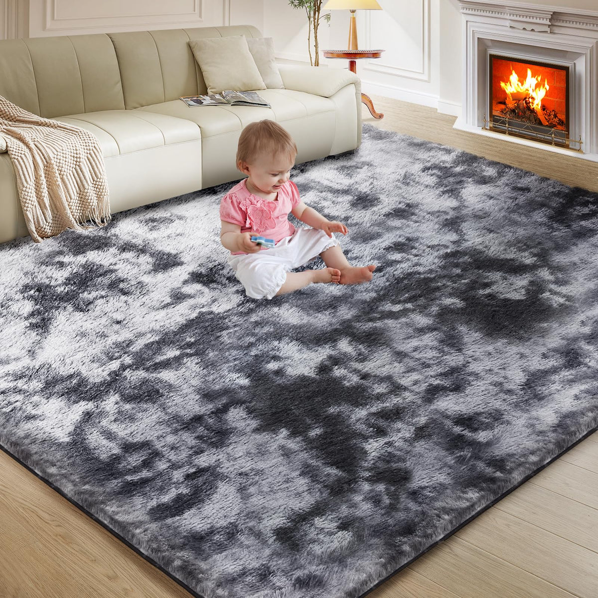 5X8 Ultra Soft Rug for Living Room, Fluffy Shag Area Rug for Bedroom, Modern Shaggy Carpets Fuzzy Rug for Teens Dorm Nursery Home Decor Aesthetic, Upgrade Anti-Skid Durable, Tie Dye Black and Grey