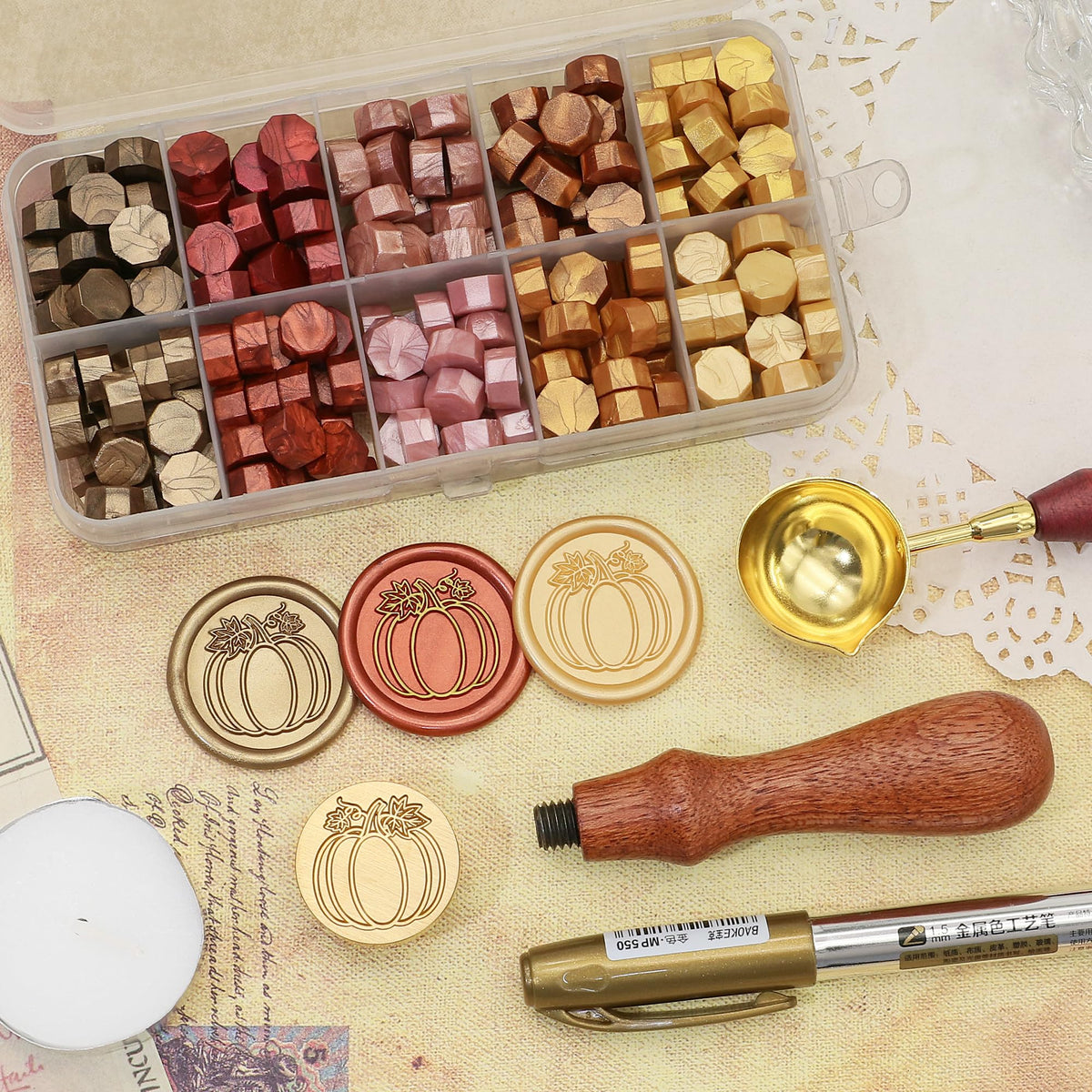 SWANGSA Fall Pumpkin Wax Seal Stamp Kit with 200pcs Sealing Wax Beads, Great for Halloween, Thanksgiving, Autumn Party Invitations, Wine Packages, Gift Wraps