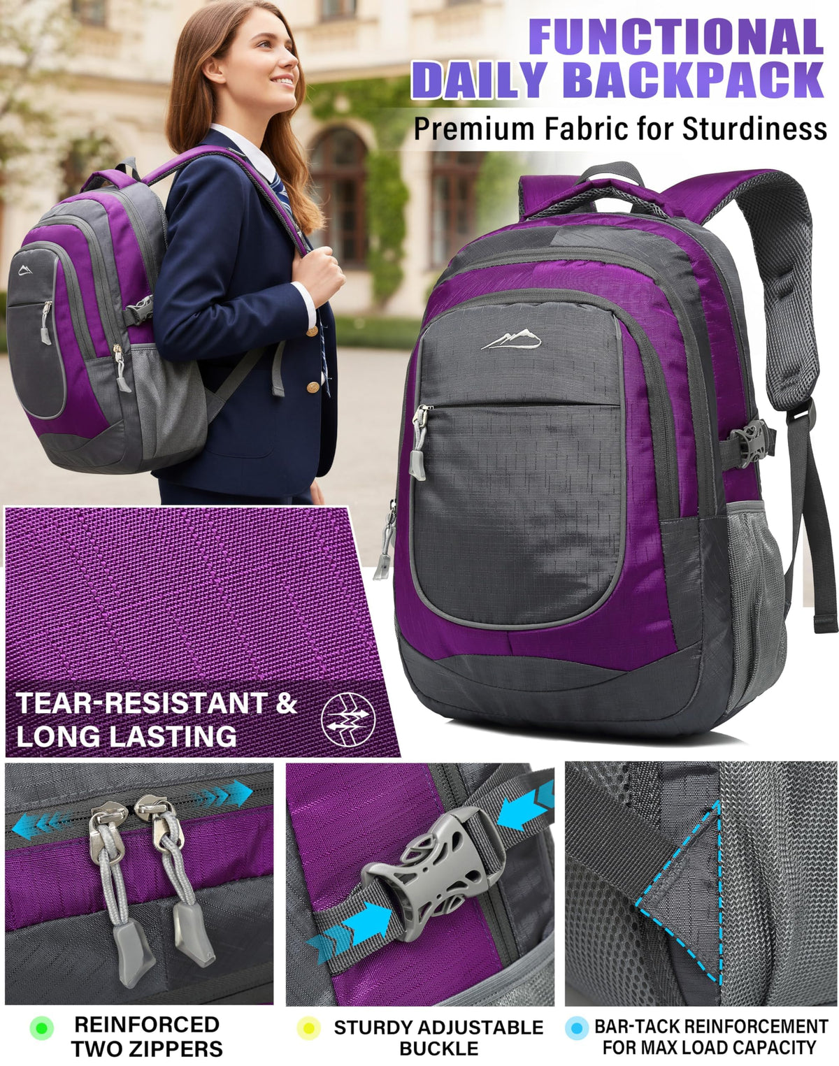 ProEtrade Backpack Bookbag for College Sturdy Travel Business Hiking Fit Laptop Up to 15.6 Inch Multi Compartment Gifts for Men Women Night Light Reflective (Purple A)