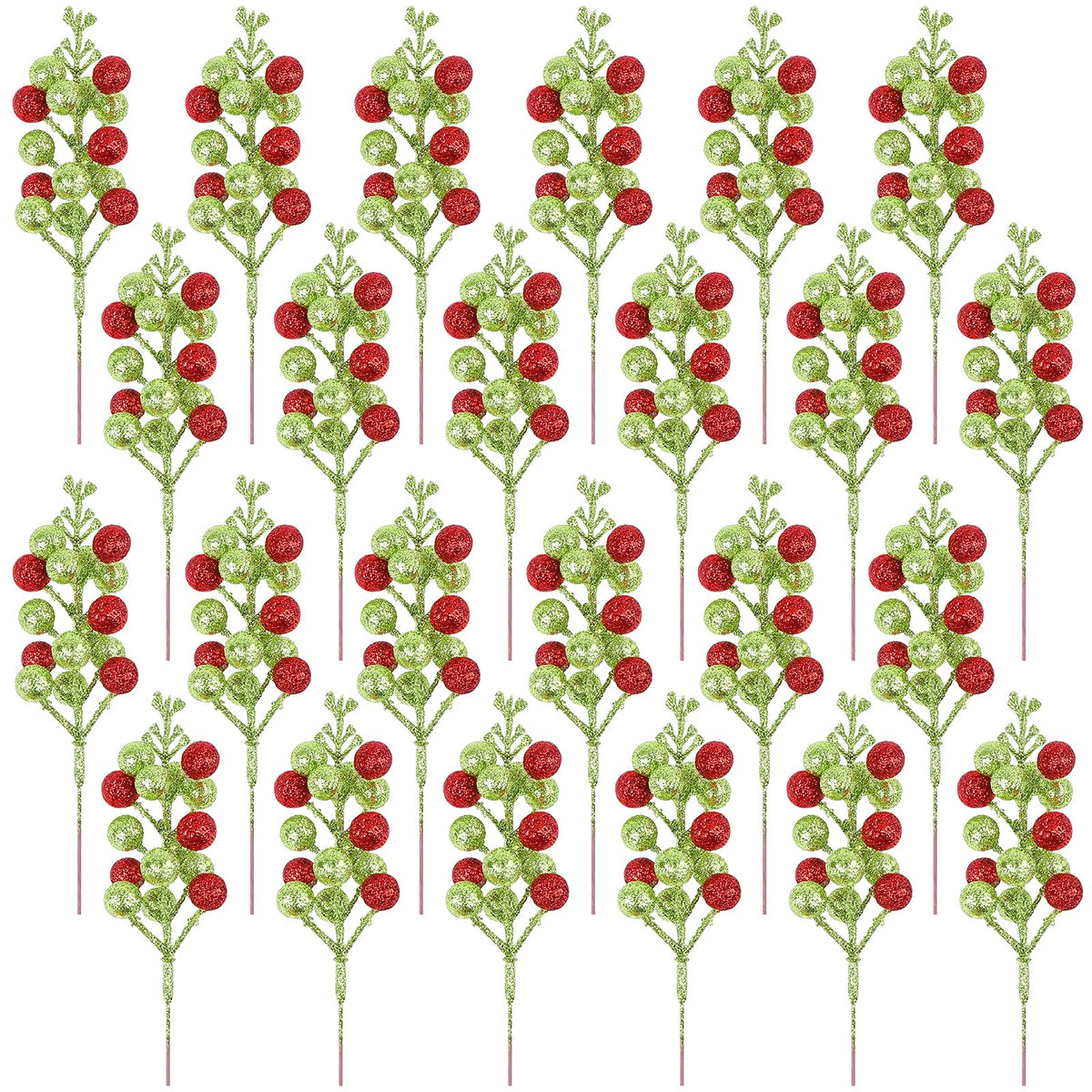 Meching 24 Pack Christmas Glitter Green Red Berry Stems, 7.5 Inch Artificial Christmas Berries Picks for DIY Crafts Xmas Tree Christmas Wreath Home Wedding Home Party Decoration (Green&Red)