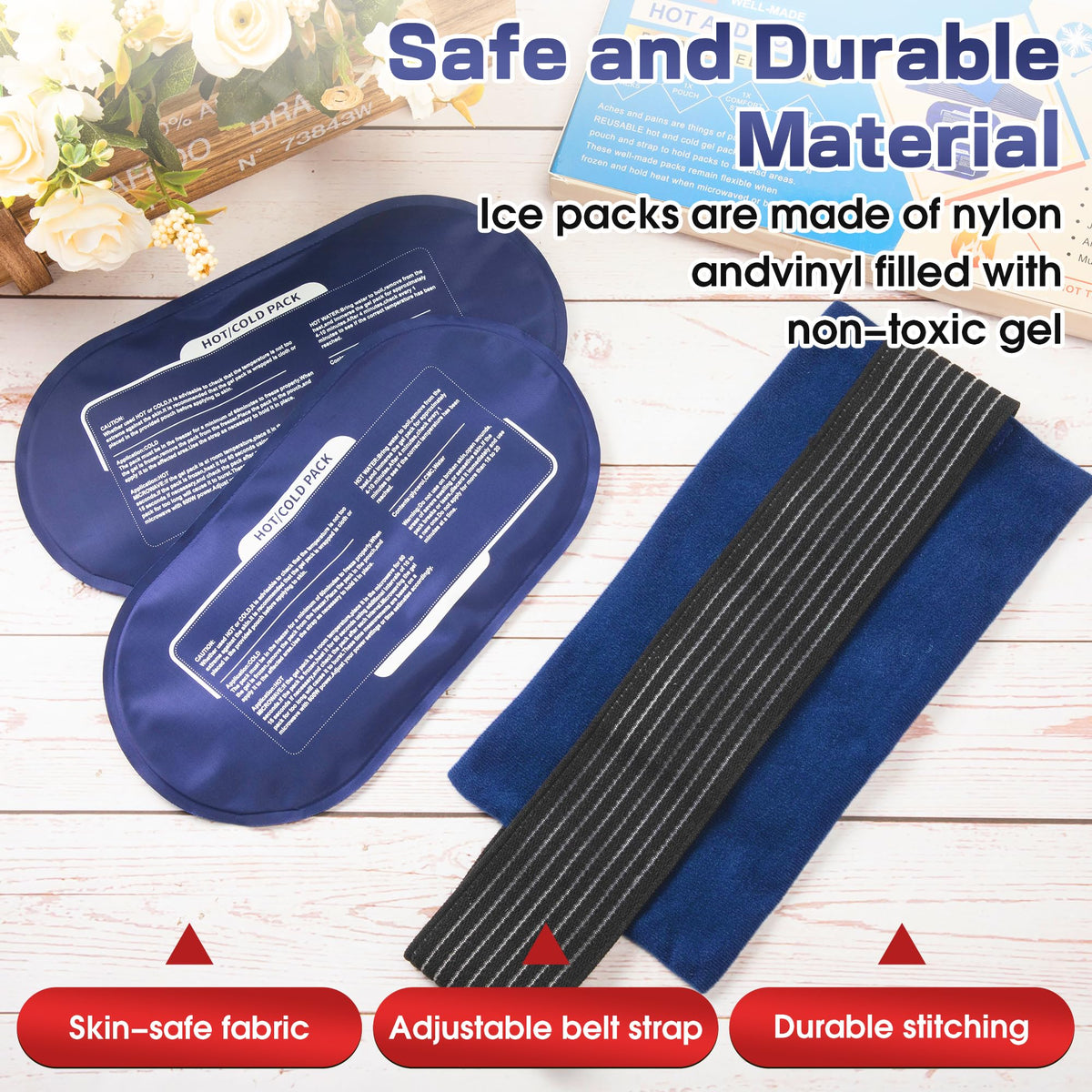 Ice Packs for Injuries Reusable, 4 Pack Hot and Cold Gel Packs and 2 Pack Adjustable Flexible Gel Wraps for Back Shoulders Arms Knees and Legs Injury Recovery, Alleviate Joint and Muscle Pain Relief
