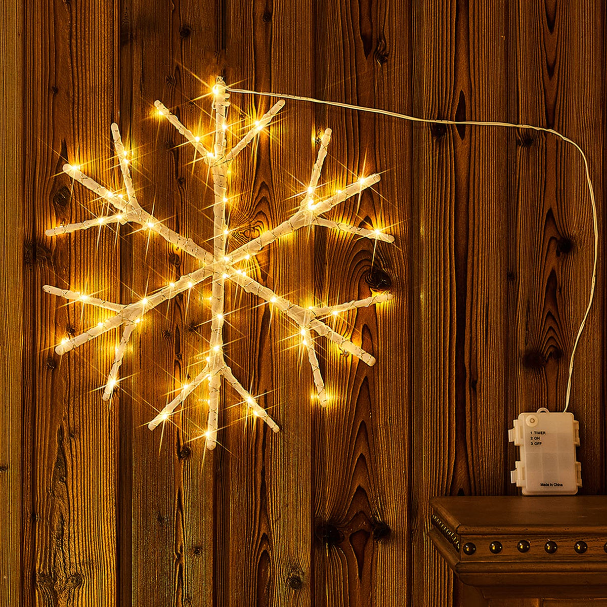Fudios Lighted Snowflake LED Warm White Battery Operated with Timer 70L Fairy Lights 14in for Christmas Wall Window Winter Decoration Indoor Outdoor use