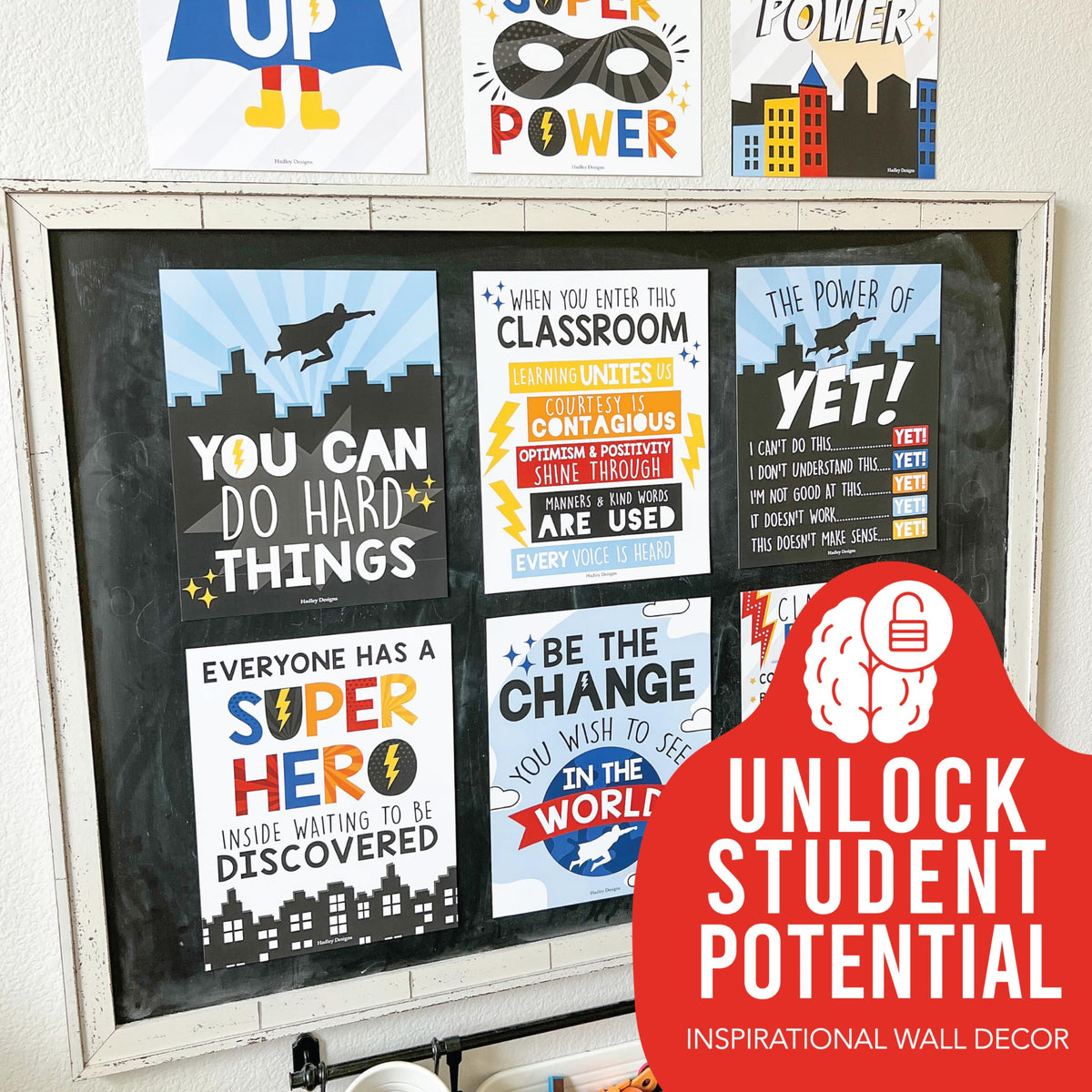 Hadley Designs Motivational Poster for Classroom Decor - 9 Growth Mindset Classroom Posters Elementary, Inspirational Wall Decor Middle School, Teacher Must Haves, Superhero Bulletin Board Decorations
