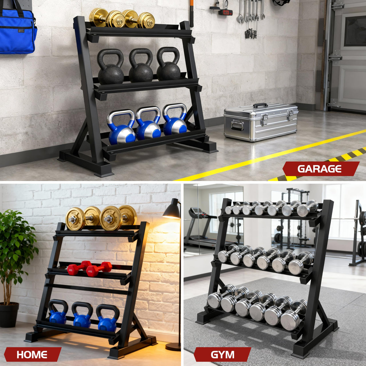 Zlinke 3-Tier Dumbbell Rack Multilevel Weight Storage Organizer for Home Gym, Weight Rack for Dumbbells, Kettlebells, 1100LBS (Rack Only)