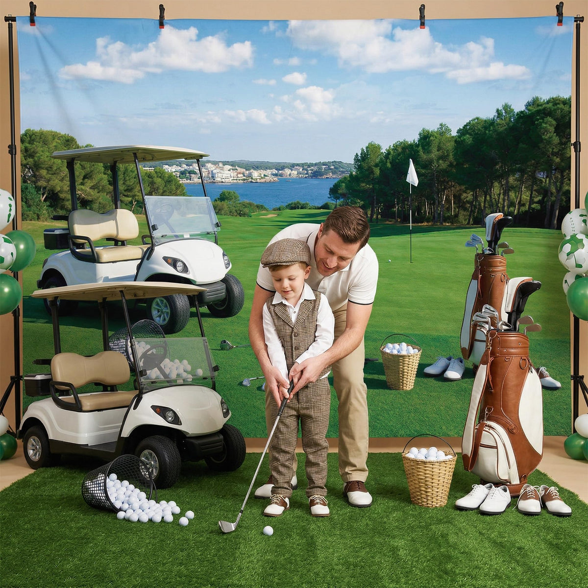 Golf Course Backdrop for Photography - 7x5 ft Golf Sport Holiday Vacation Retirement Backdrop Photo Props Green Grass Blue Sky Lawn Flag Lake Outdoor Sports Backgrounds