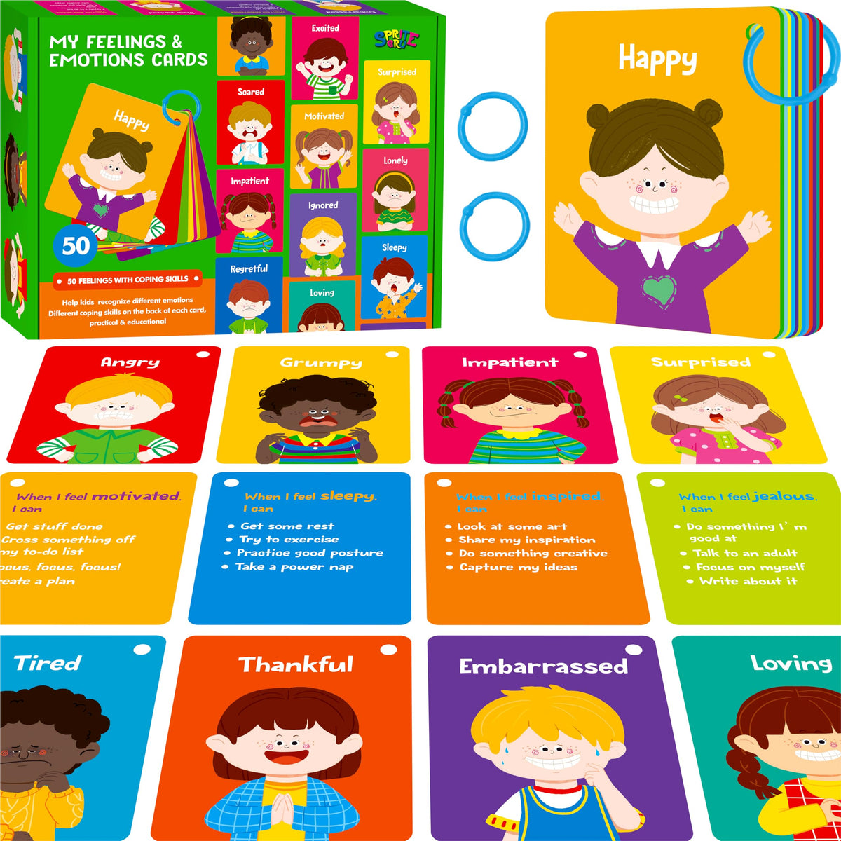 Emotions Flashcards, 50 Different Feelings with Coping Skills-Learn to Identify Various Moods, Cartoon Faces Emotions for Kids with Autism, ADHD -Emotion Flipbook for Therapy, Home Use