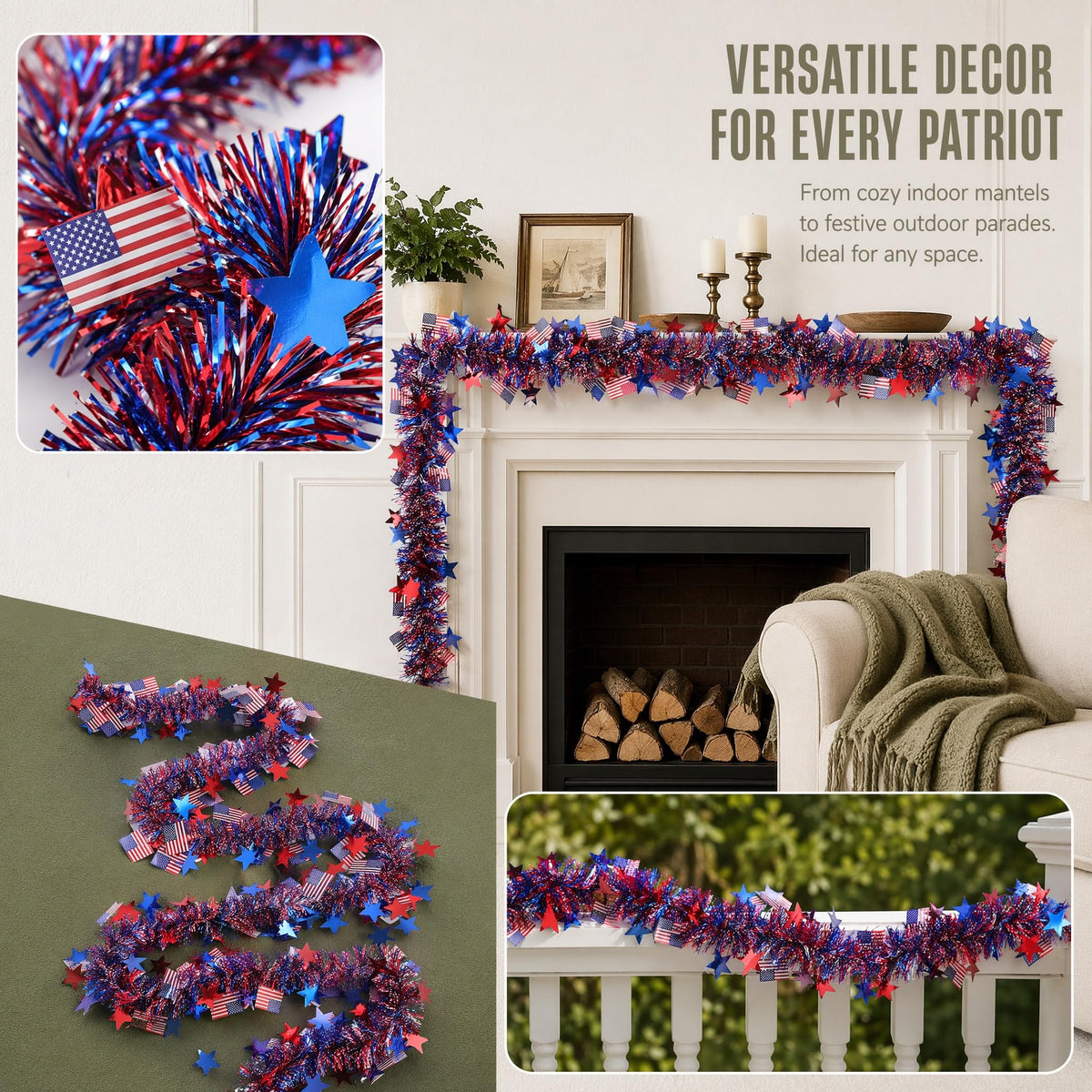 LKBBC 4th of July Tinsel Garland, 52.5 Ft Patriotic Red, White, and Blue Sparkly Glitter Star Flags Metallic Garlands Home Garden Tree Decorations for Independence &Memorial Day