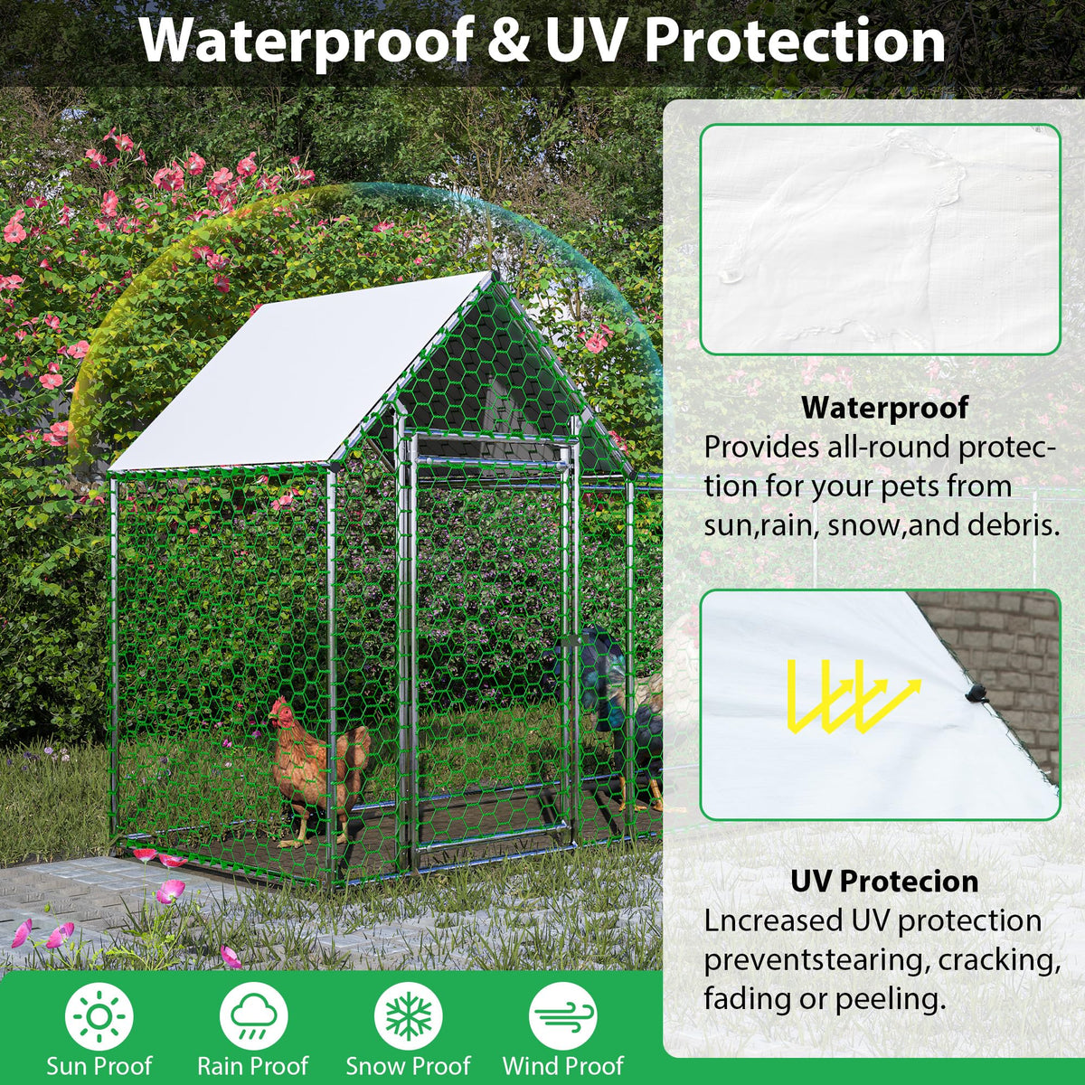 KEIKI Large Metal Chicken Coop, Metal Chicken Run with Waterproof Cover, Farm Poultry Run Hutch Hen House, Outdoor Walk-in Chicken Pen for Poultry Duck Rabbit, 26.08ft x 6.72ft x 6.67ft