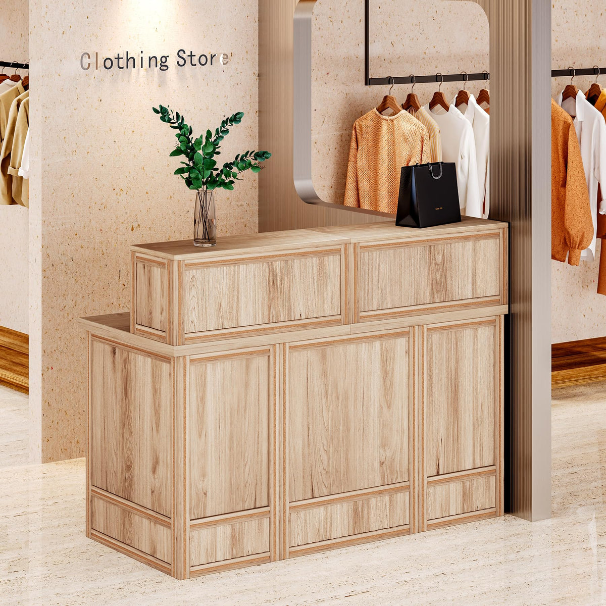 LITTLE TREE 57-Inch Reception Counter, Boho Style Front Desk, Modern Checkout Counter, Reception Desk for Retail, Lobby, Salon, Office, Oak