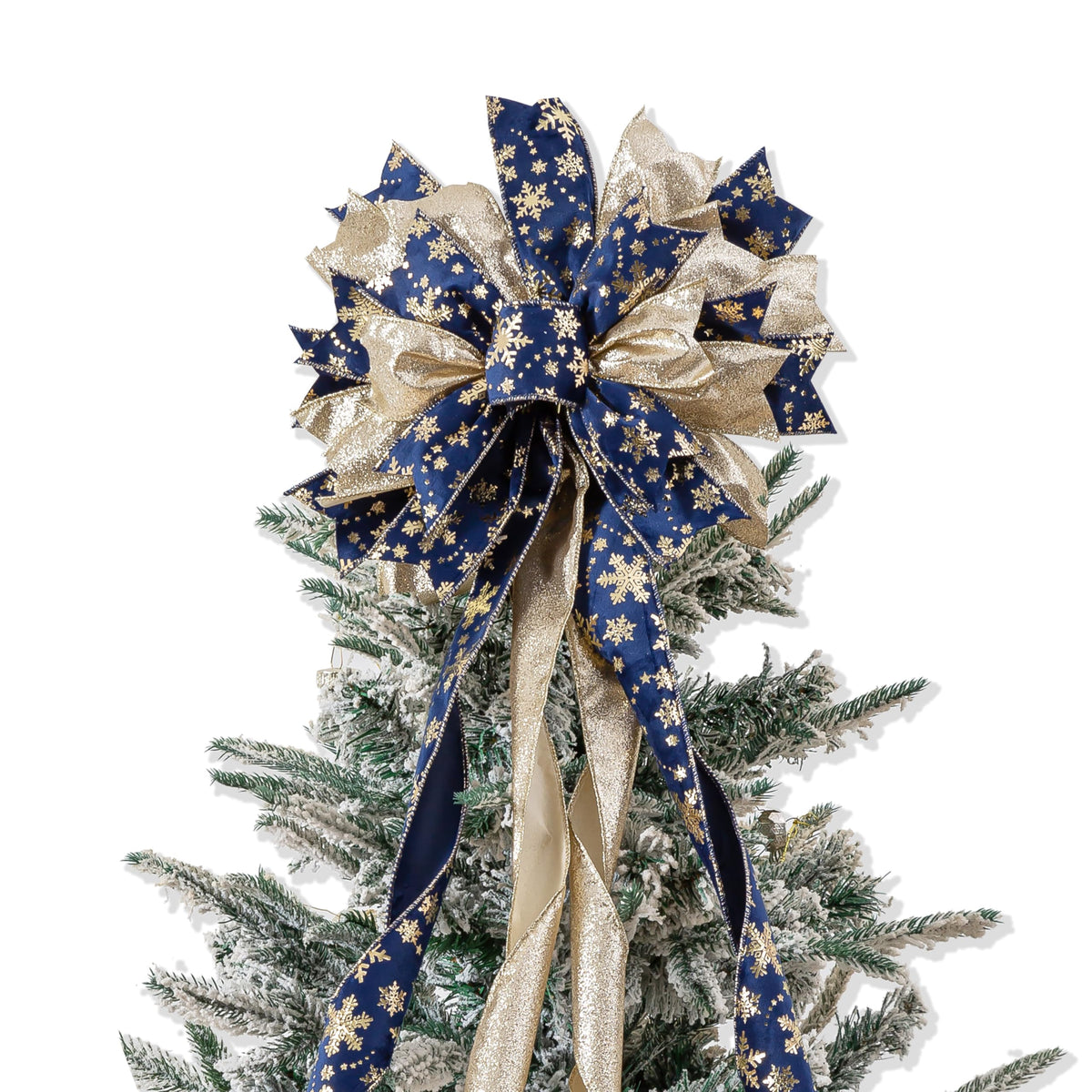Blue Gold Christmas Tree Topper, 40x13 Inches Toppers Bow with Glitter Satin Mesh Streamer and Patterned Ribbon, Christmas Tree Topper Bow for Christmas Home Decoration