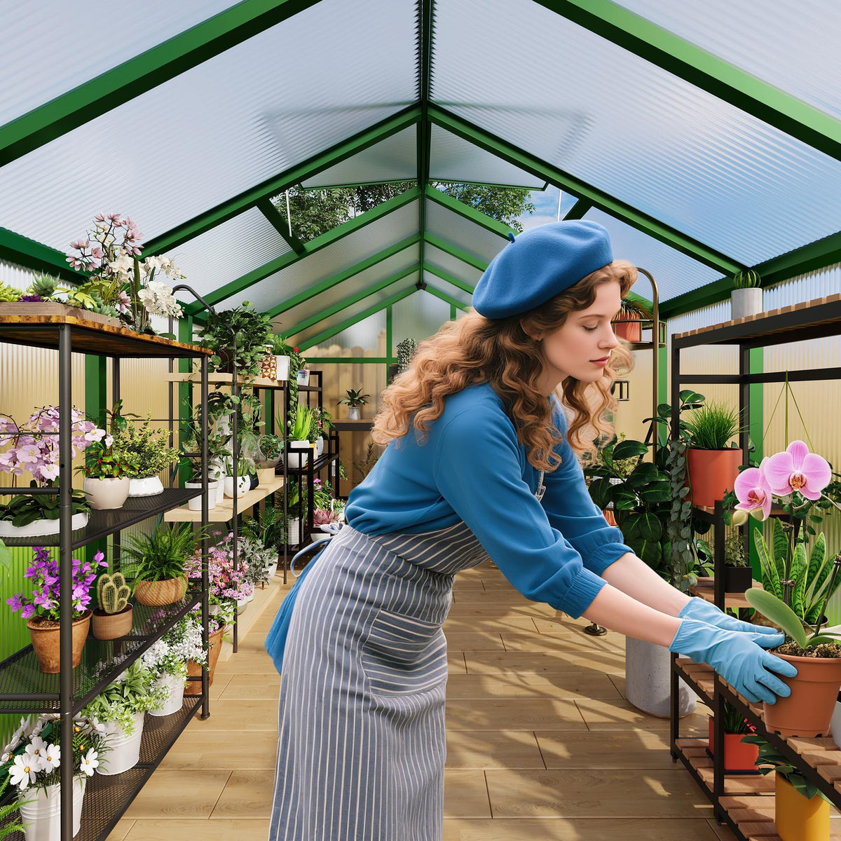 8X10 FT Greenhouse for Outdoors, Polycarbonate Flower Greenhouse with Roof Vent, Push-Pull Lockable Door, Aluminum Walk-in Greenhouses for Outside Garden Backyard, Patio, Lawn, Green