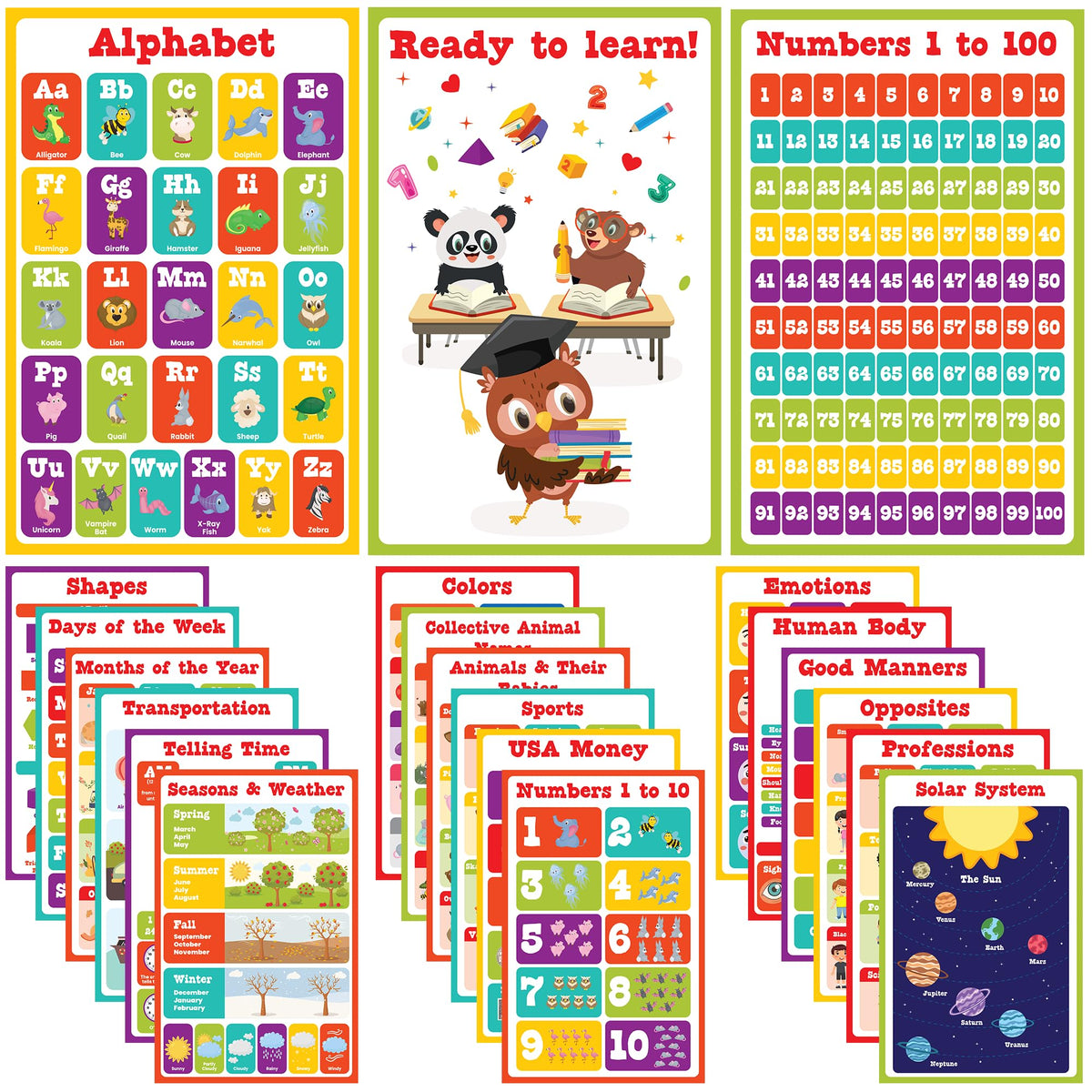 Set of 21 , Toddler Learning Posters, For Classroom Posters -17" x 11"-Educational Posters For Toddlers 1-3, Shapes For Classroom Wall , Education Kids Learning Poster , 21pcs- waterproof poster