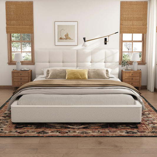 Christopher Knight Home Cordo King Size Bed, Velvet Upholstered Platform Bed, Wooden Slats Panel Support, Tufted Square Corners Haedboard, No Box Spring Needed, Easy Assembly, Beige