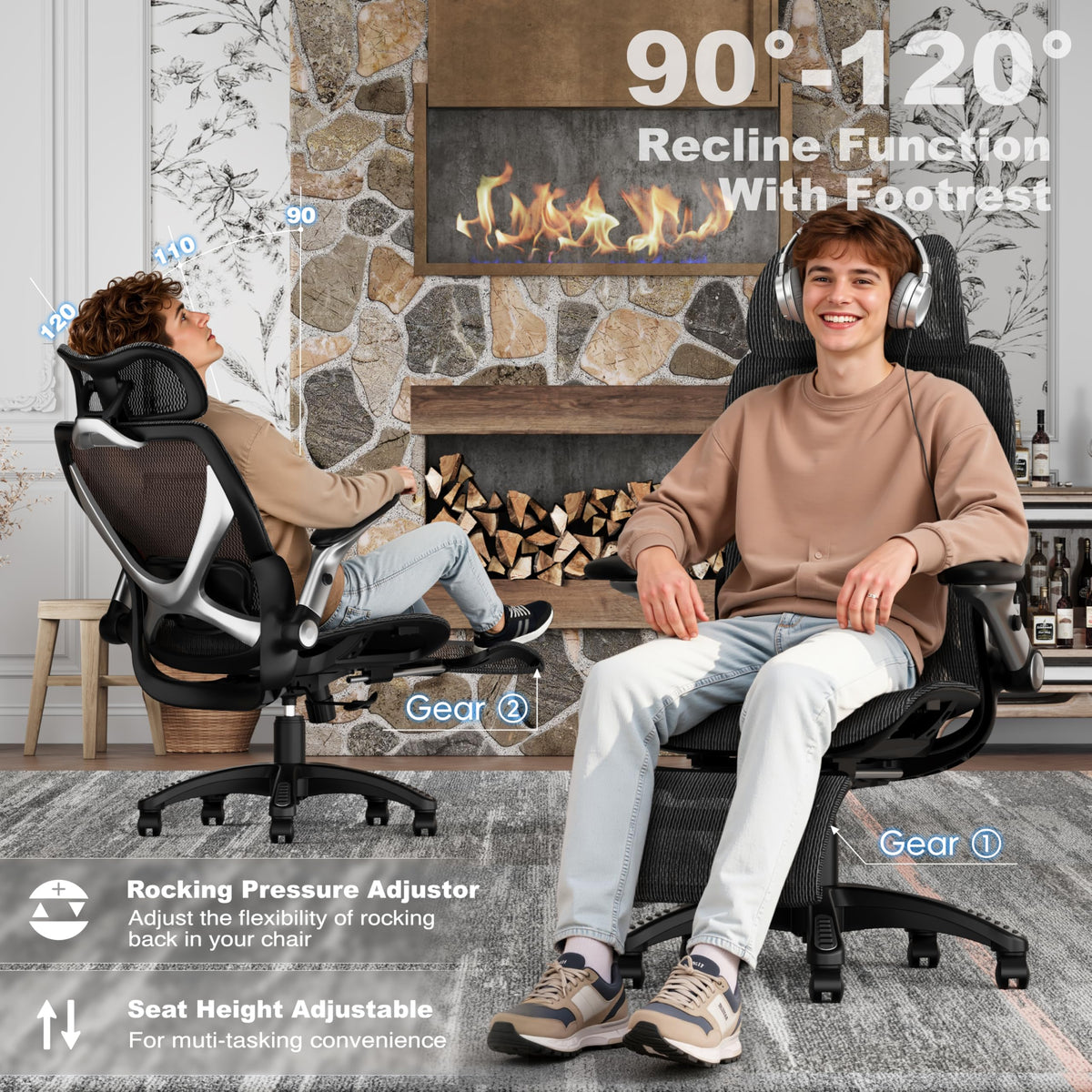 ELABEST X100 Ergonomic Mesh Office Chair with Footrest, Big and Tall Hone Desk Chair with 5D Flip-Up Arms, Adjustable 3D Lumbar Support,Gaming & Executive Computer Chairs