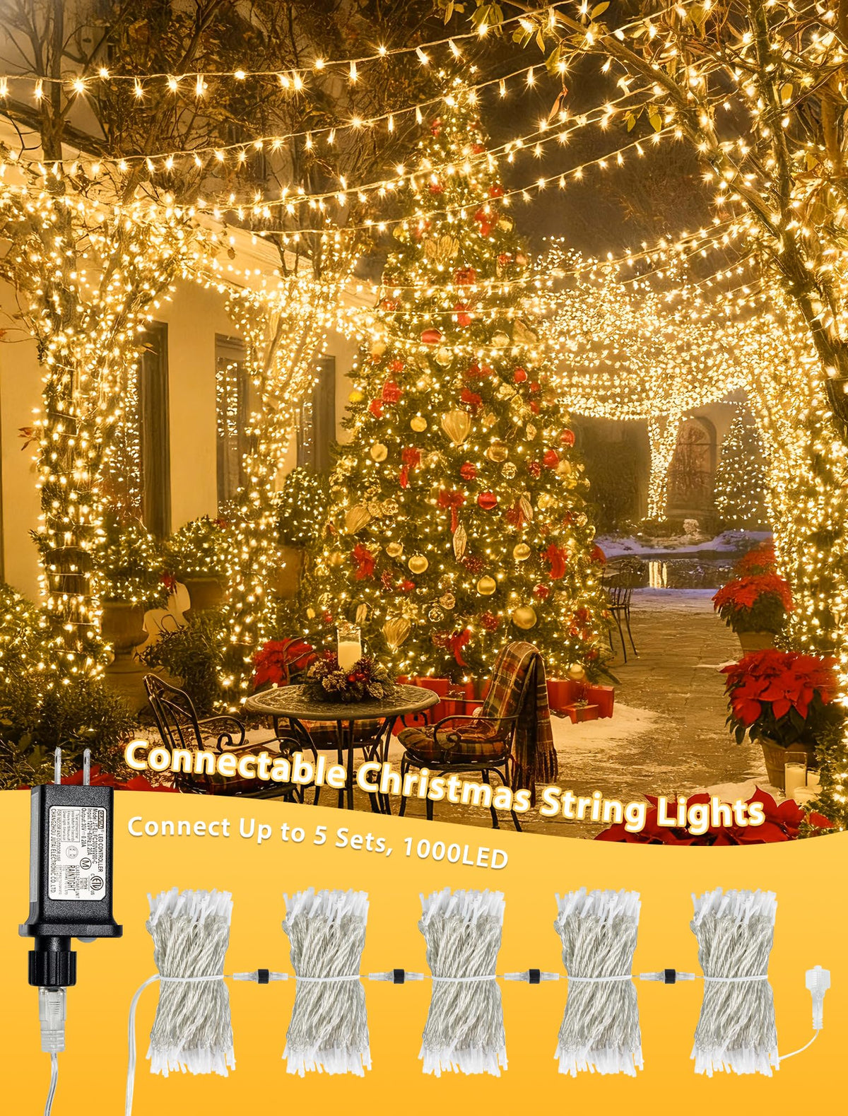 YOUNGAR 98FT String Lights Outdoor, 8 Modes Fairy Twinkle Christmas 200 LED Lights, 30V Plug-in for Tree, Home, Garden, Wedding, Party, Holiday Indoor Decoration, Warm White, Connectable