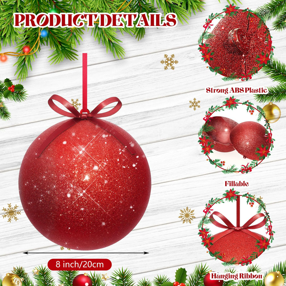 Zubebe 2 Pcs 8" Giant Fillable Christmas Ornaments with Ribbons Oversized Plastic Xmas Balls for Outdoor Lawn Yard Decor, Tree Hanging, Holiday Gifts(Glitter Red)