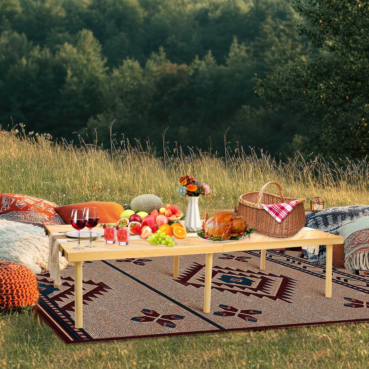 Folding Picnic Table with Table Runner, Portable Boho Low Picnic Table for Indoor Outdoor, 60" x 30" Wooden Table with Adjustable Heights for Camping, Wedding, Beach, Garden, Party(Large Size for 6)
