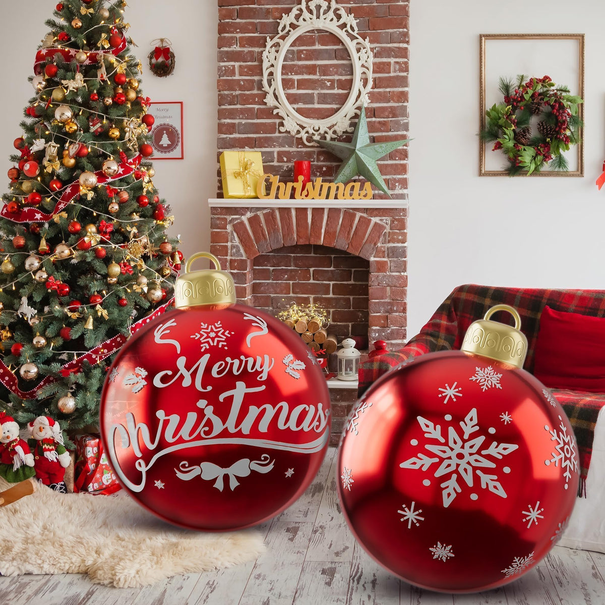 2PCS 24 Inch Christmas Inflatable Ball, PVC Giant Inflatable Ornaments Balls Red Blow up Ornament Balls, Inflatable Christmas Decorations for Outside Holiday Yard Lawn Decor(Merrychristmas Snowflake)