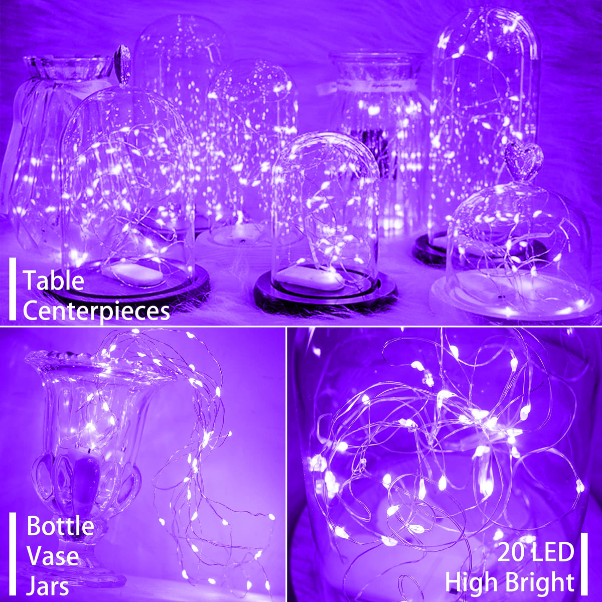 SunKite 16 Packs 20 LED Purple Fairy String Lights Battery Operated Waterproof 6.6 Feet Silver Copper Wire Firefly Starry Moon Lights for DIY Bottle Costume Wedding Party Bedroom Table Decor