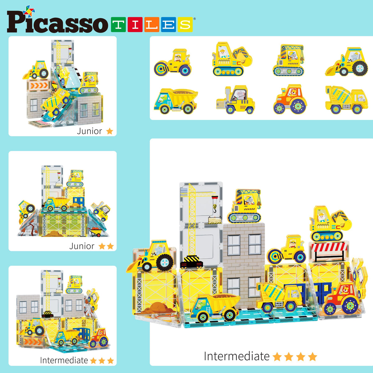 PicassoTiles Magnetic Tile Construction Set with 8 Vehicle Figures and 18 Printed Panels STEM Educational Building Kit for Kids Age 3 Plus Creative Play Learning Blocks Motor Skills Development PTQ21