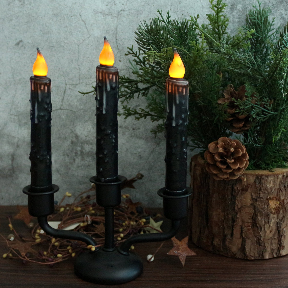 CVHOMEDECO. Real Wax Hand Dipped Battery Operated LED Timer Taper Candles Country Primitive Flameless Lights Décor, 6-3/4 Inch, Matt Black, 3 PCS in a Package