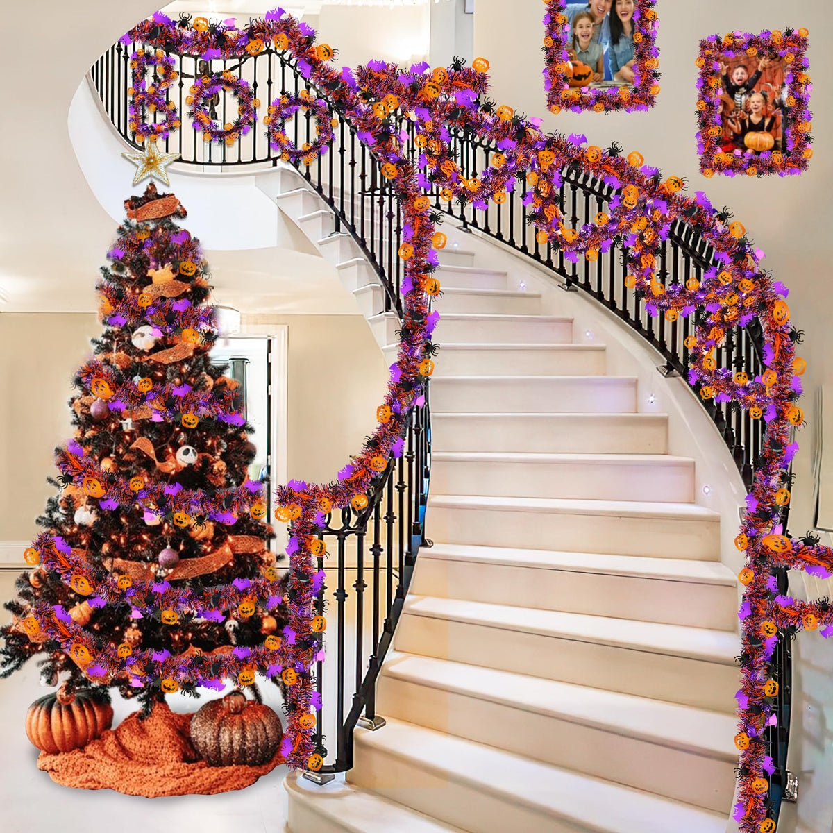 Halloween Decorations,50 FT Halloween Tinsel Garland with Orange Pumpkin Black Spider Purple Bat, Shiny Metallic Twist Garland for Home Tree Indoor Outdoor Party Decorations