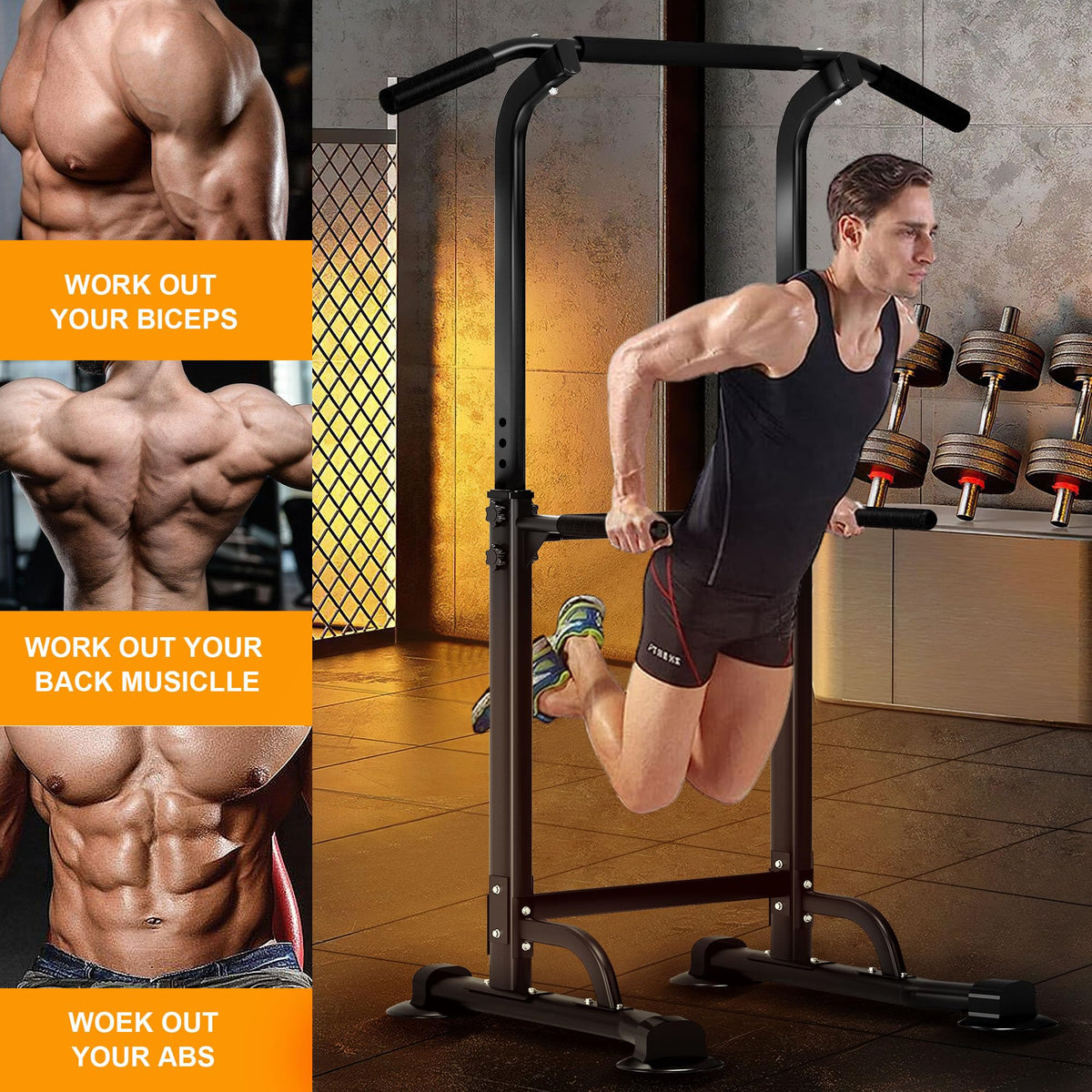 DlandHome Power Tower Pull Up Dip Station Multi-Function Fitness Equipment for Strength Training Adjustable Height Dip Stand for Home Gym, Black